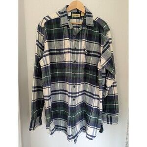 LL Bean Mens Plaid Chore Rugged Chamois Cloth Flannel Button-Up Blue/Green XLT